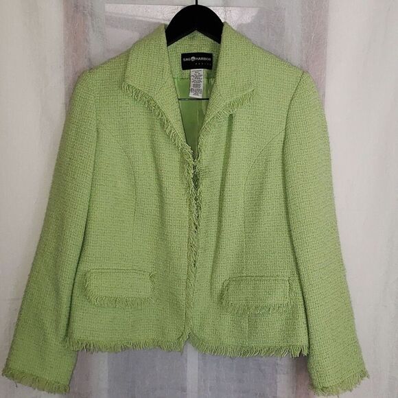 Sag Harbor Blazer Size 10P Lined Jacket Bright Green Fringe 90s Style 2000's Y2k - Picture 1 of 11